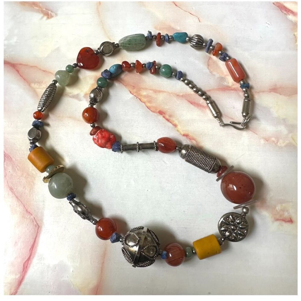 Carnelian aventurine silver tone tribal beaded necklace